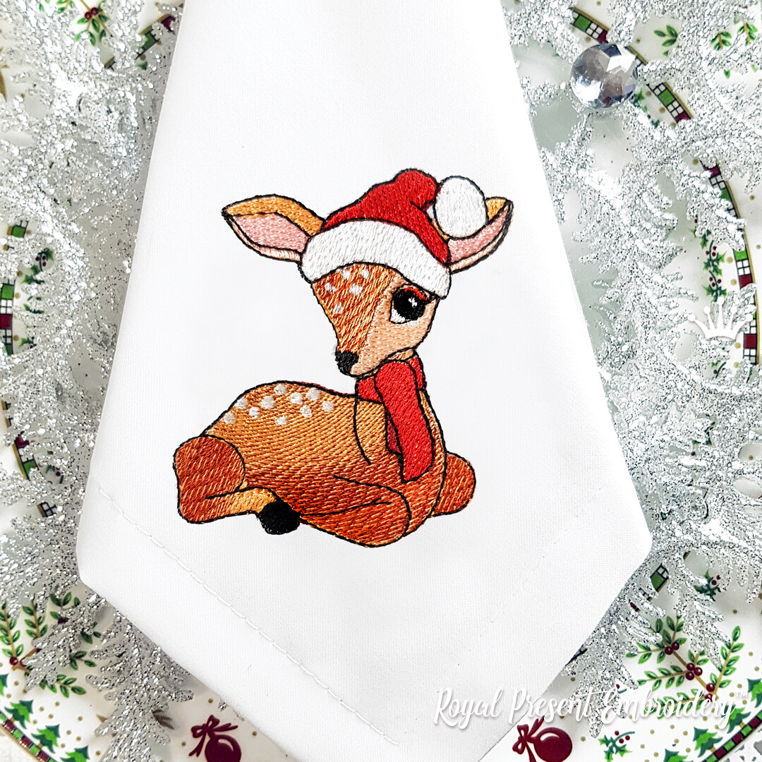 Christmas White-Tailed Fawn in Santa hat Embroidery Design - 2 sizes