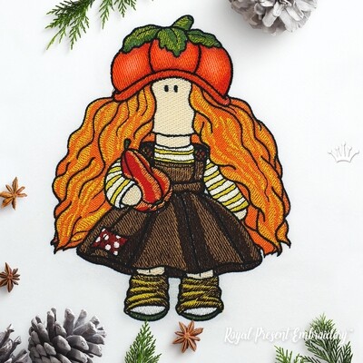 Doll with Pumpkin Machine Embroidery Design - 4 sizes