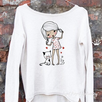 Cute Girl with a Kitten Machine Embroidery Design - 5 sizes