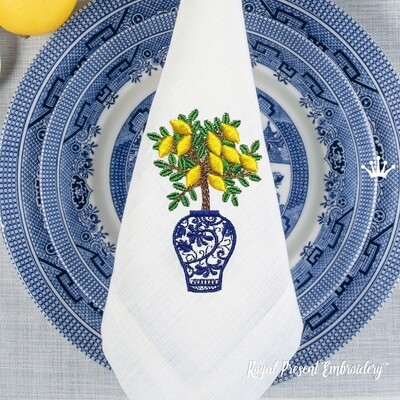 Chinese vase with a 3D lemon tree machine embroidery design