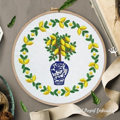 Chinese vase with a 3D lemon tree frame machine embroidery design