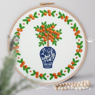 Chinese vase with a 3D Mandarin Tree frame machine embroidery design