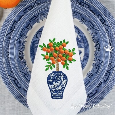 Chinese vase with a 3D Mandarin Tree machine embroidery design