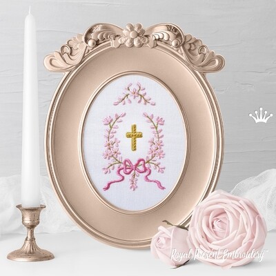 Cross in a flower frame with a bow Machine embroidery design - 4 sizes
