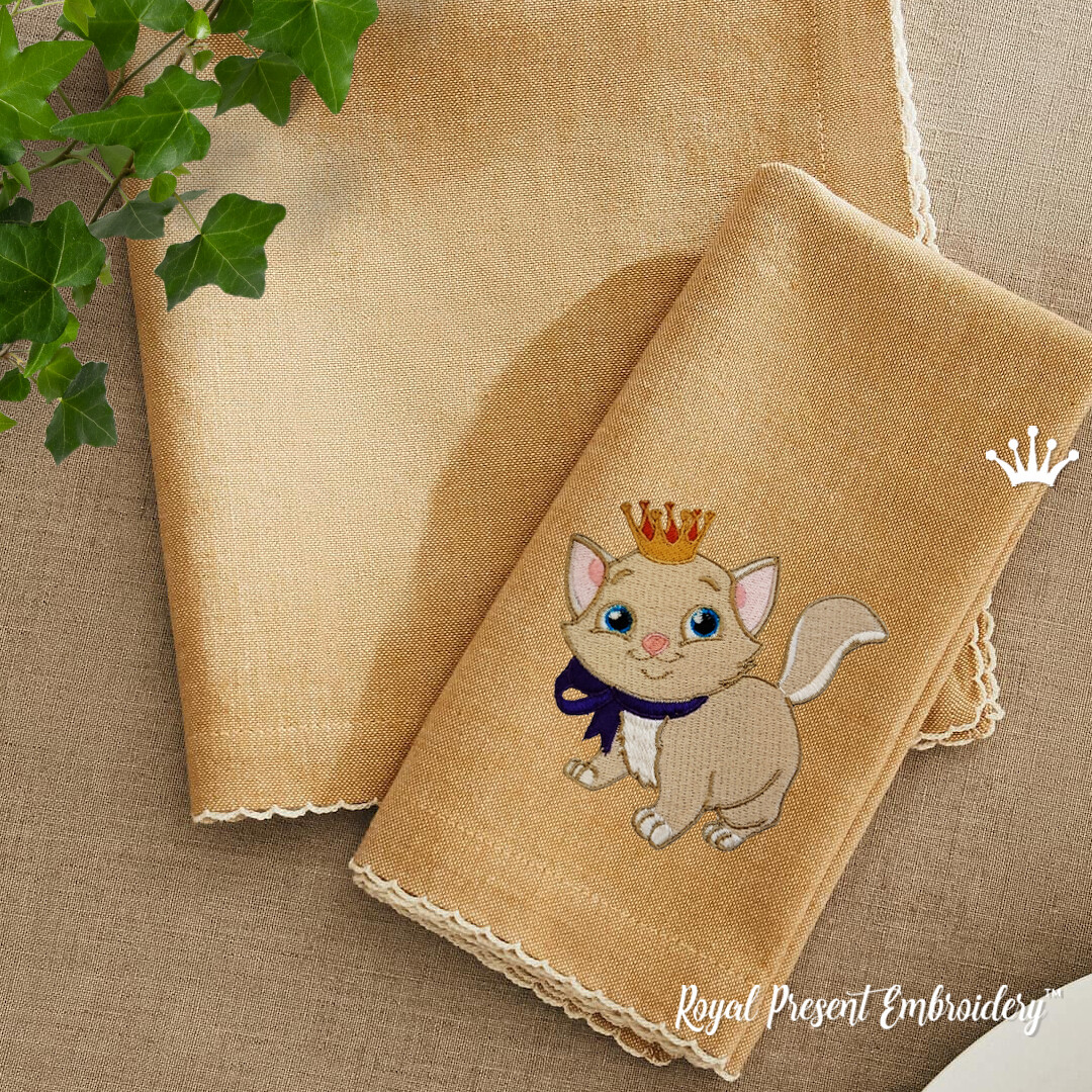 Machine Embroidery Design White kitten with golden crown