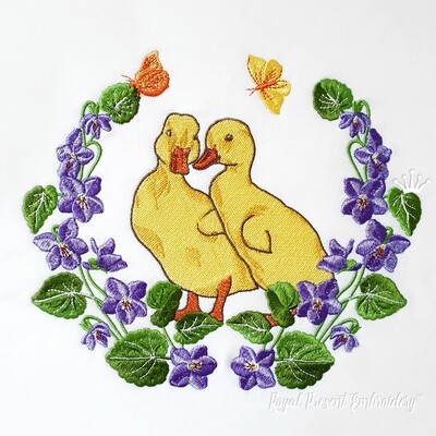 Ducklings in primroses Mega hoop Machine Embroidery Design - 6 sizes