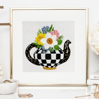 Checkered teapot with spring bouquet Machine Embroidery Design - 4 sizes