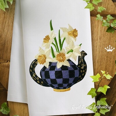 Checkered teapot with daffodils Machine Embroidery Design - 4 sizes