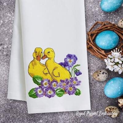 Ducklings in primrose design of machine embroidery - 4 sizes