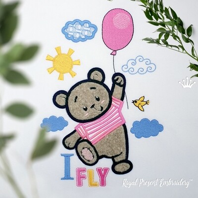 Teddy bear flies on a balloon Applique Machine Embroidery Design - 5 sizes