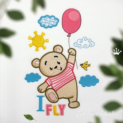 Boy Teddy Bear with Balloon Machine Embroidery Design - 5 sizes