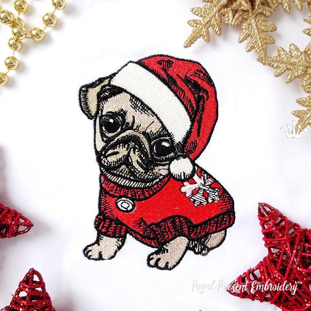Machine Embroidery Design Christmas Puppy Pug - 4 sizes