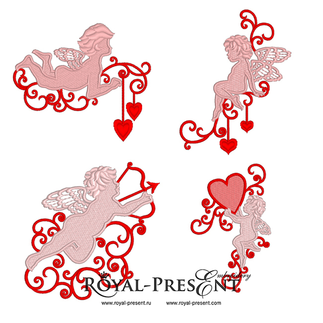4 Machine Embroidery Designs Elements for Valentines day with Angels