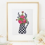 Checkered Pitcher with Rose Lavender Bouquet Machine Embroidery Design - 2 sizes