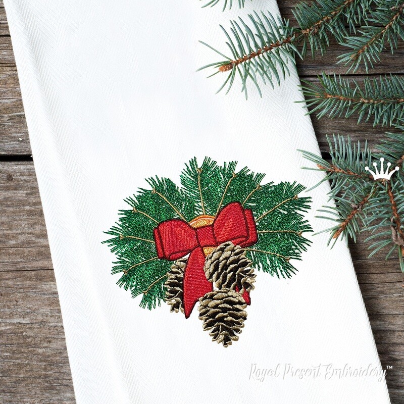 Christmas branch with cones Machine Embroidery Design in 4 Sizes