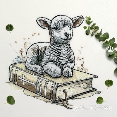 Lamb of God sits on the Bible Medium Machine embroidery design