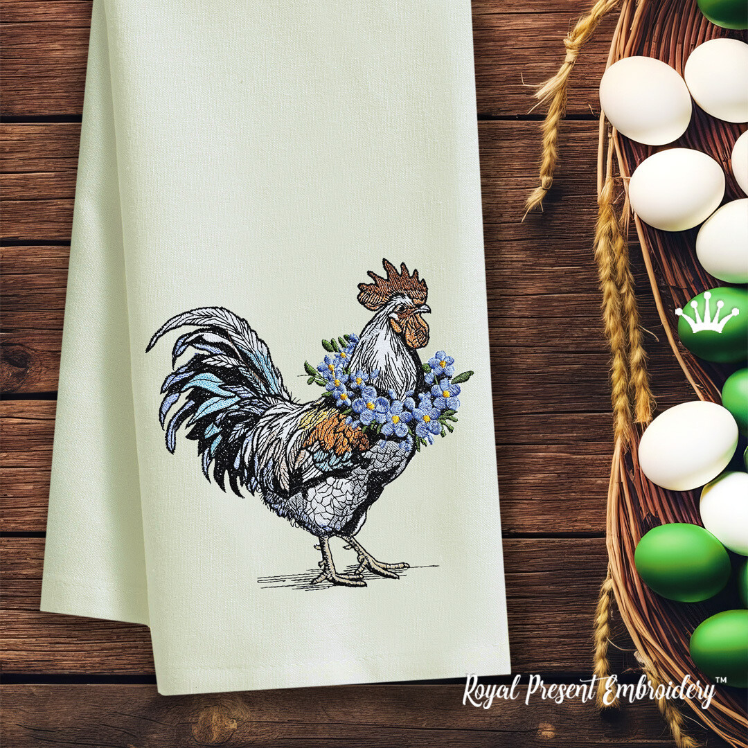 Spring Rooster with forget-me-nots machine embroidery design