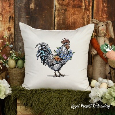 Spring Rooster with forget-me-nots Large machine embroidery design