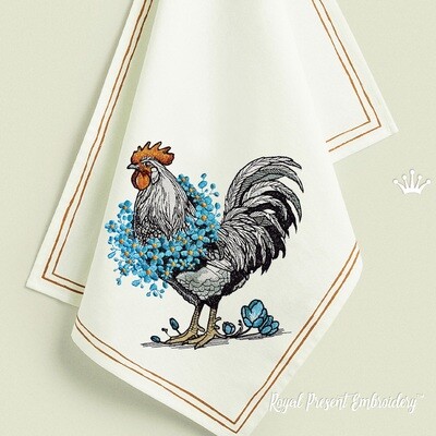 Spring Rooster with wreath forget-me-nots machine embroidery design