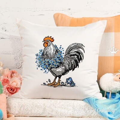 Rooster with forget-me-nots Large machine embroidery design