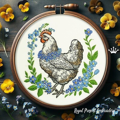 Spring Hen with a Wreath of Forget-Me-Nots machine embroidery design