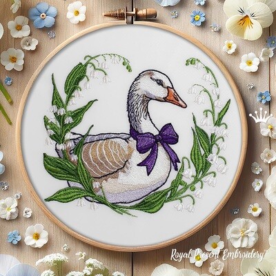Goose in a wreath of lilies of the valley machine embroidery design