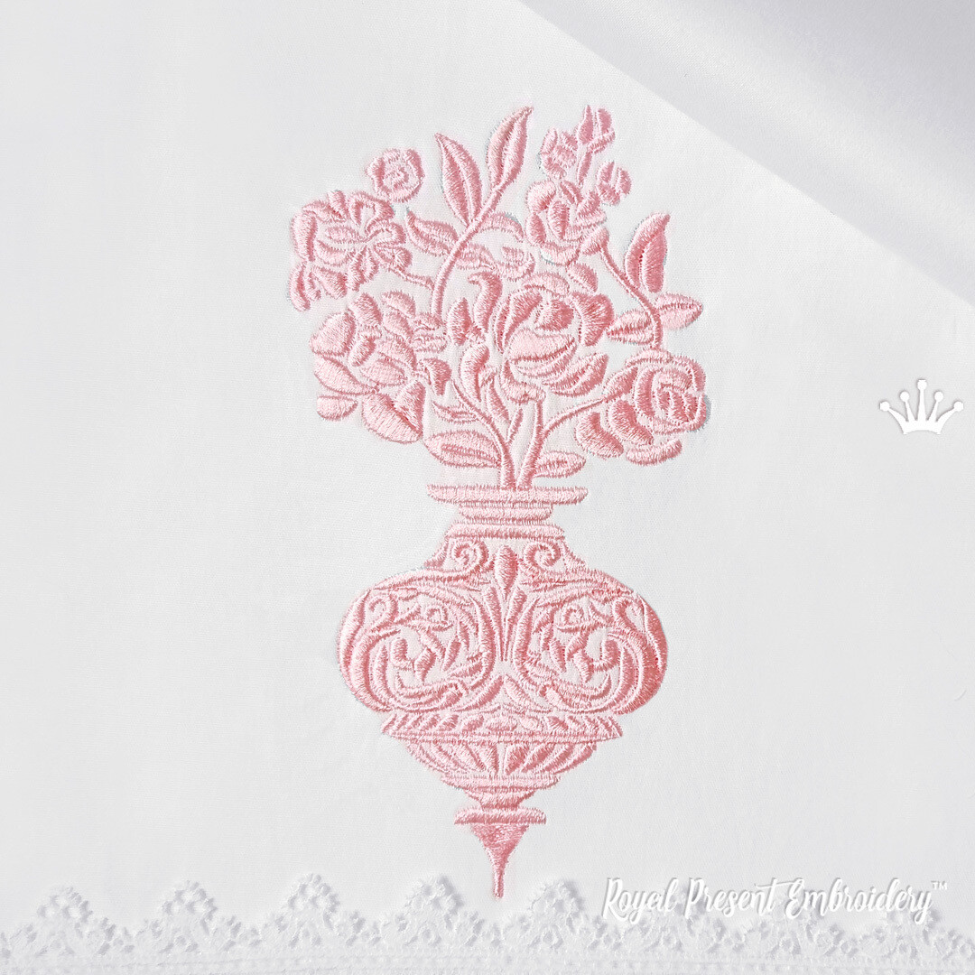 Damask Machine Embroidery Design Vase with flowers - 2 sizes
