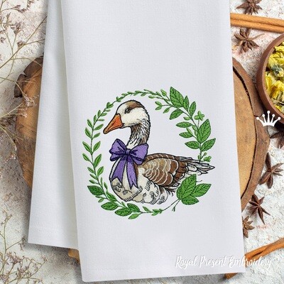 Meadow goose with lavender bow machine embroidery design