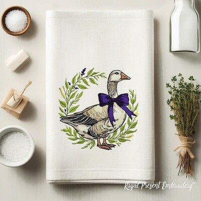 Elegant Goose in a Violet Bow machine embroidery design