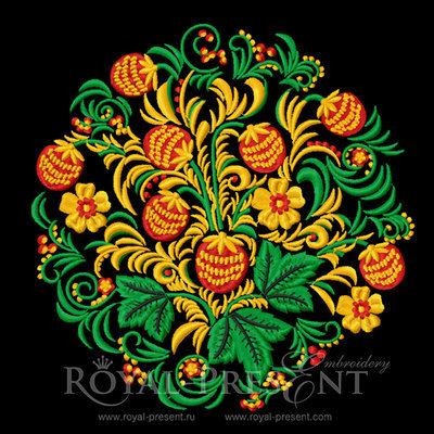 Russian Folk Strawberries Khokhloma style Machine Embroidery Design