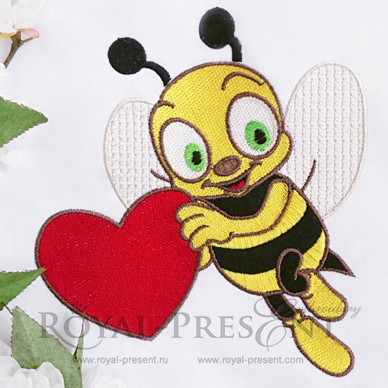 Machine Embroidery Design Cute bee holding a heart - 2 sizes