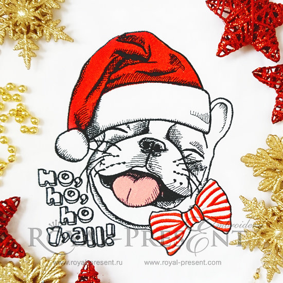 Machine Embroidery Design French bulldog in a Santa hat