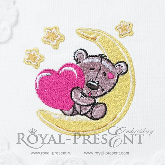 Machine Embroidery Design Cute Teddy Bear with heart on the moon