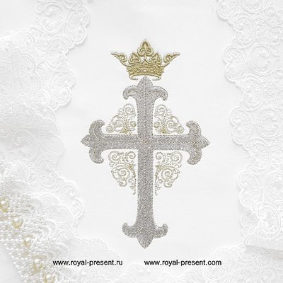 Machine Embroidery Design Cross with crown and ornate boarder - 3 sizes