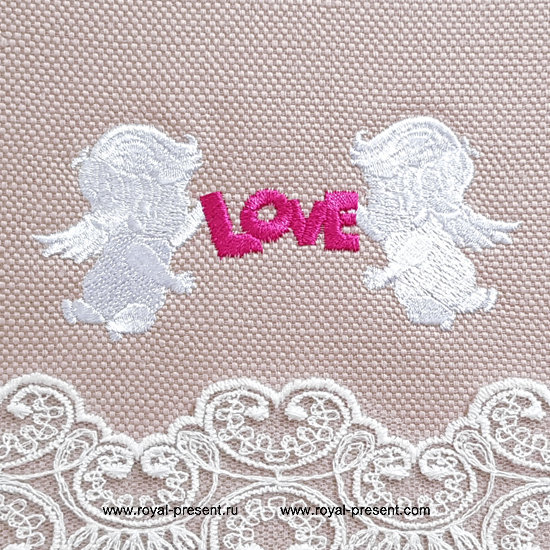 Machine Embroidery Design Silhouette Cupids holding a LOVE Banner