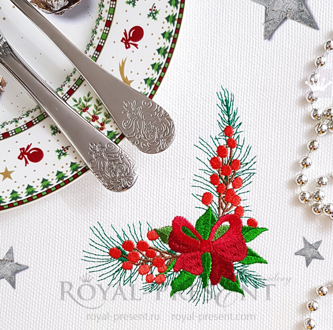 Christmas Corner Embroidery Design with bow - 2 sizes