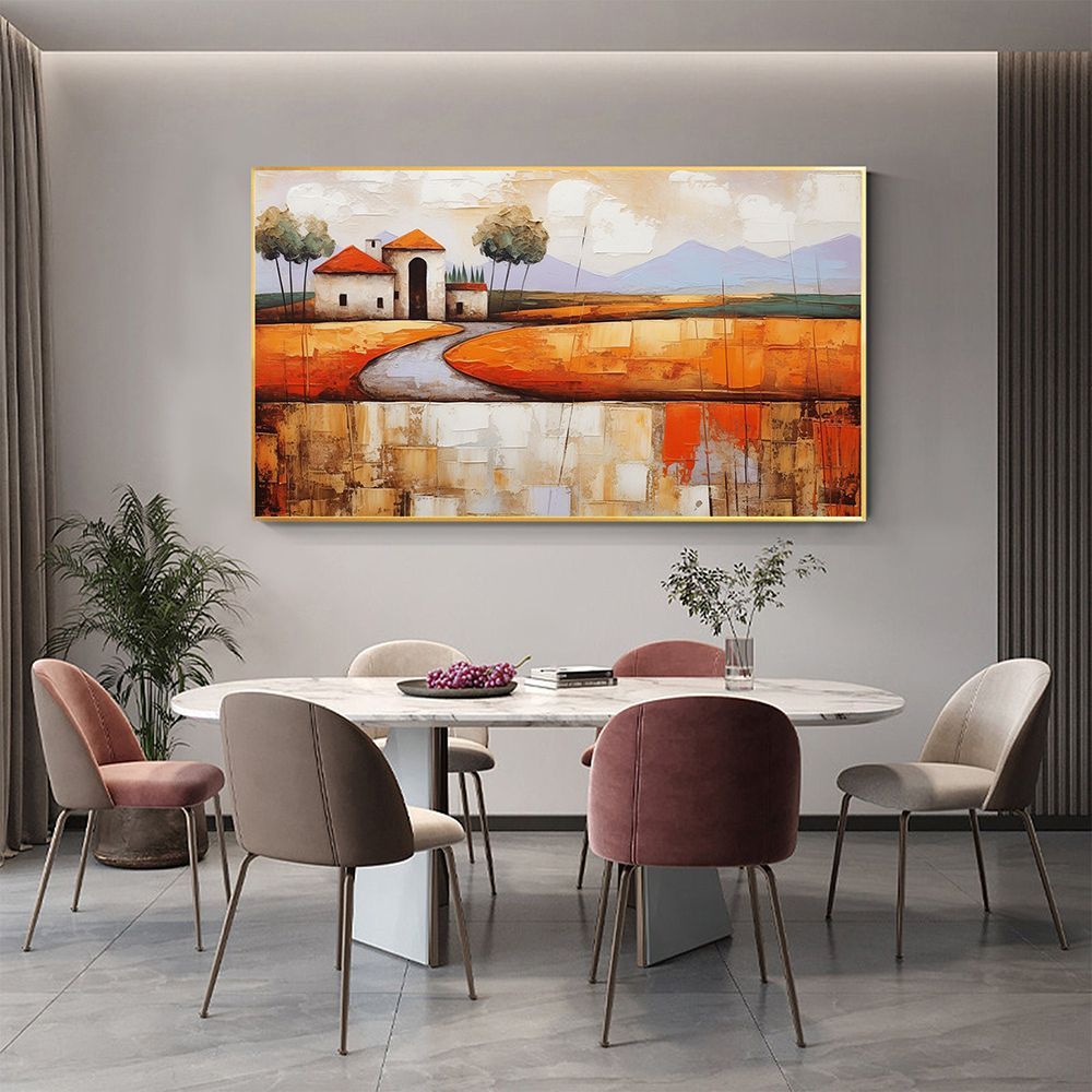 Hand-Painted Abstract Village Canvas Wall Art Minimalist Orange �C 50x100cm
