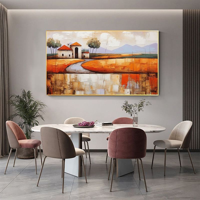 Hand-Painted Abstract Village Canvas Wall Art Minimalist Orange �C 50x100cm