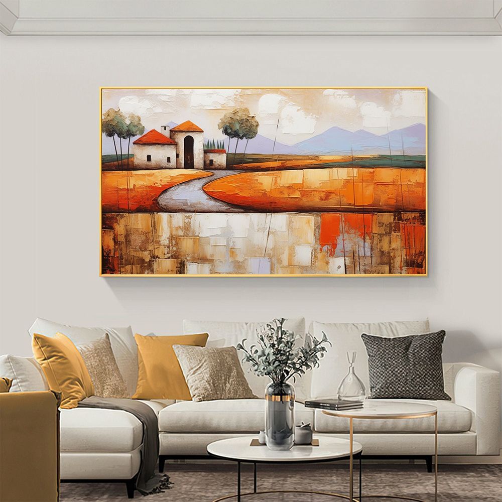 Hand-Painted Abstract Village Canvas Wall Art Minimalist Orange �C 40x80cm