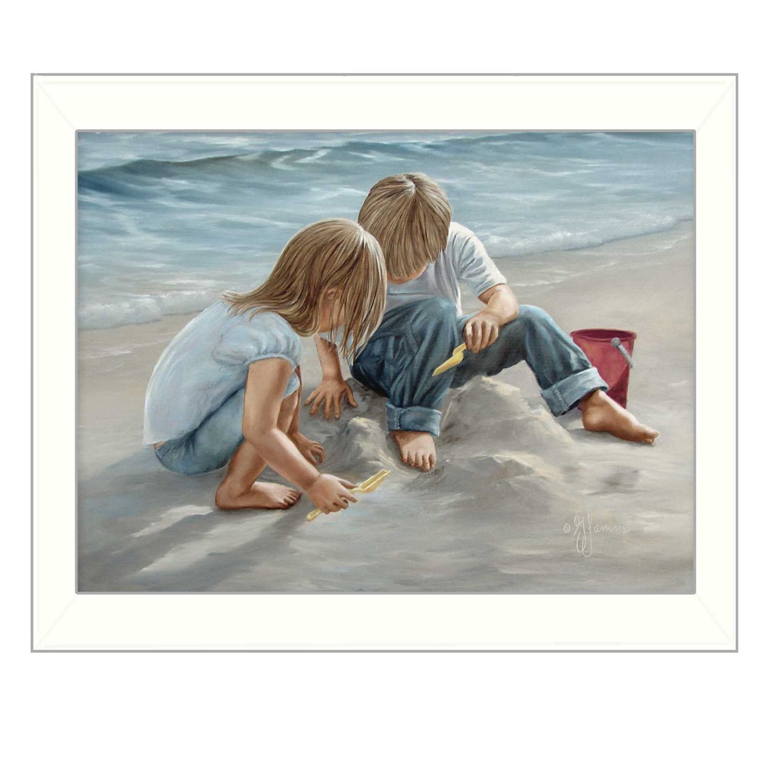 Sand Castle Builders by Georgia Janisse, Framed Wall Art �C White