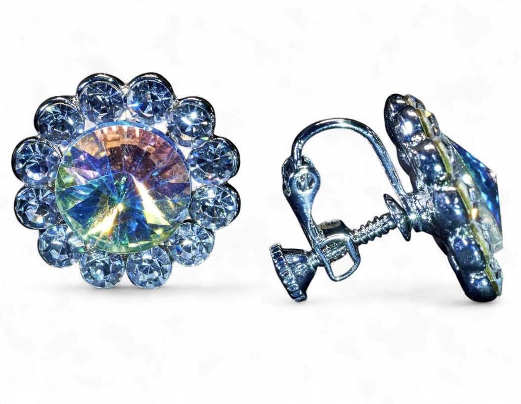 Iridescent Crystal Flower Clip-on Earring