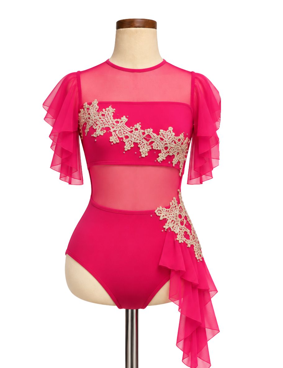 Ruffle Short Sleeve Bodysuit Lyrical Costume, Colour: Hot Pink, Size: Adult Small