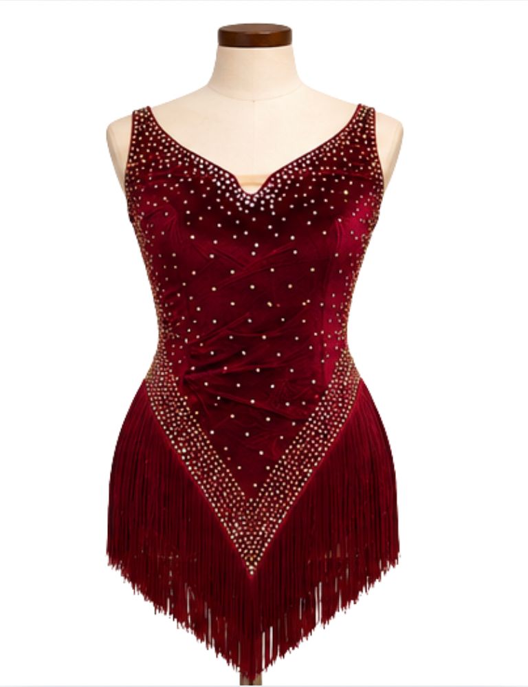 Velvet Rhinestoned Fringe Ballroom-Style Jazz Costume, Colour: Dark Red, Size: Adult XS
