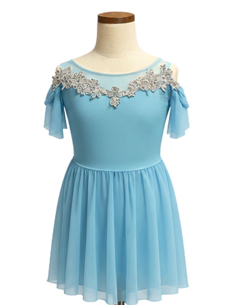 Drop Down Mesh Short Sleeve Lyrical Dress, Colour: Light Blue, Size: Child Medium