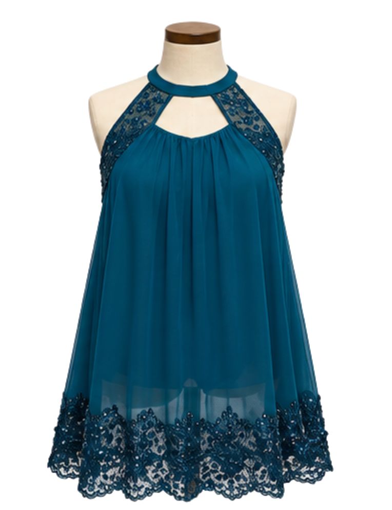 Sequin Halter and Bottom Brim Mesh Lyrical Dress