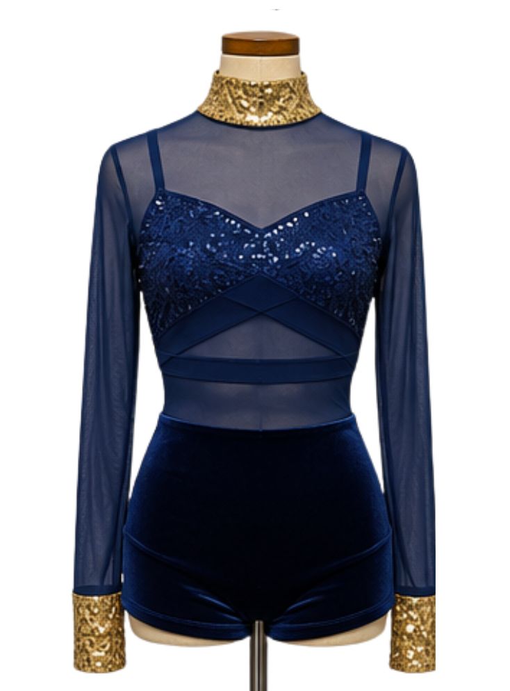Blue &amp; Gold Sequin Mesh Long-Sleeve and Velvet Shorts Jazz Costume