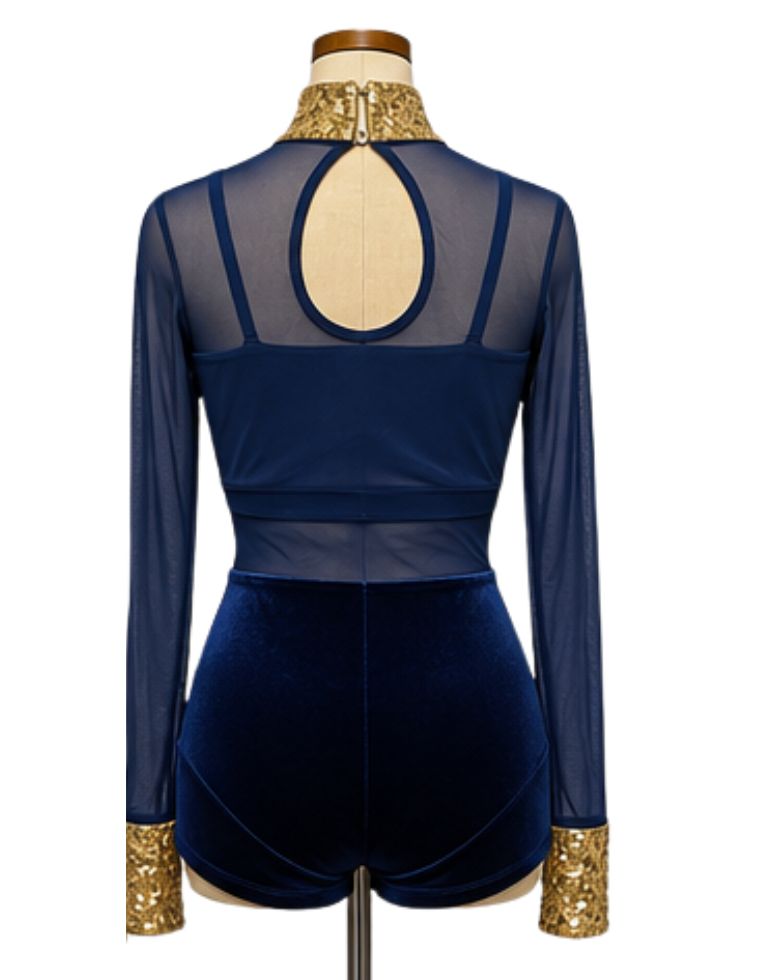 Blue &amp; Gold Sequin Mesh Long-Sleeve and Velvet Shorts Jazz Costume