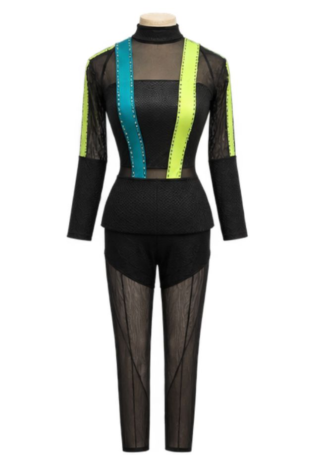 Green, Blue &amp; Black Rhinestone Long-Sleeve Mesh One Piece Jazz Costume