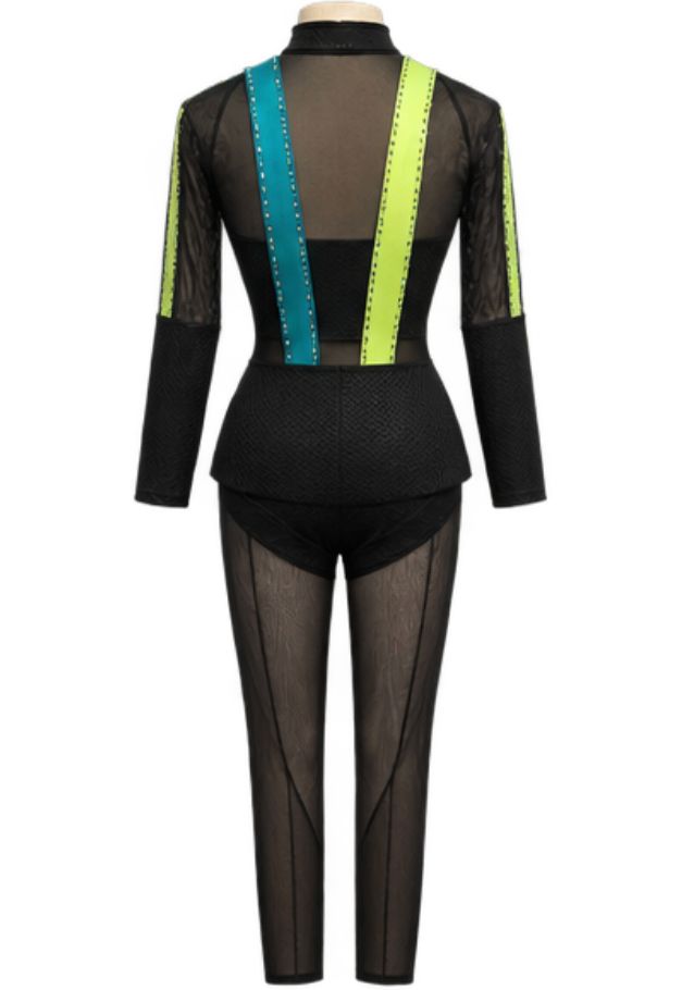 Green, Blue &amp; Black Rhinestone Long-Sleeve Mesh One Piece Jazz Costume