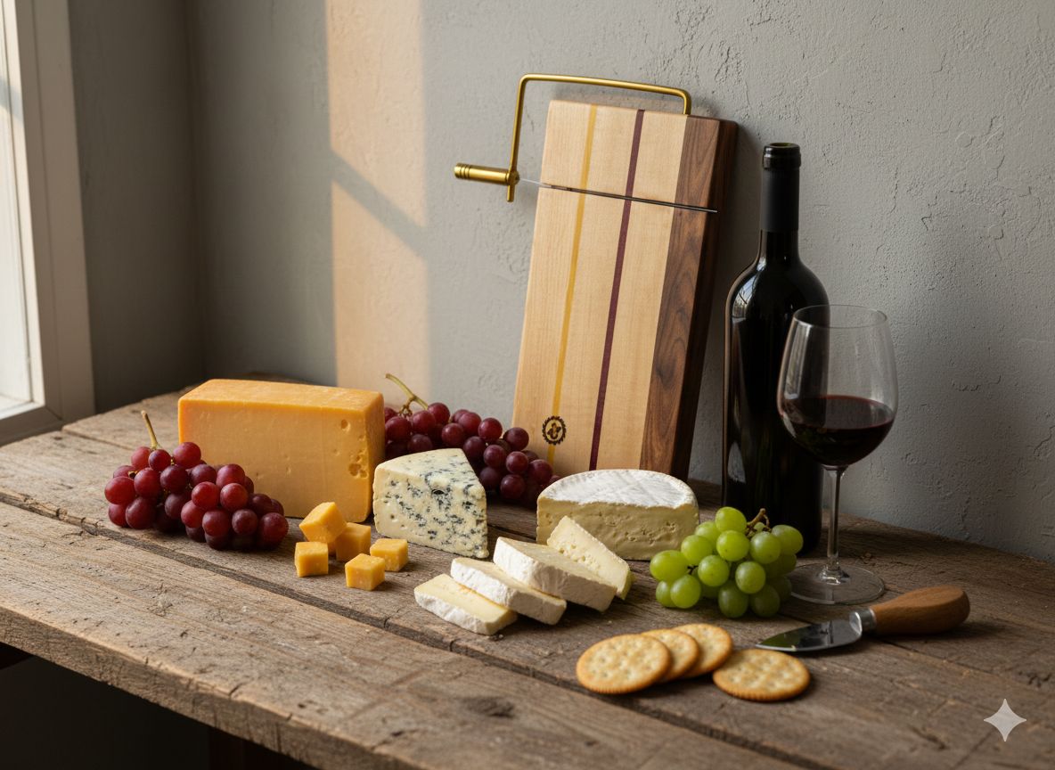 Handcrafted Multi-Wood Cheese Board with Wire Cutter